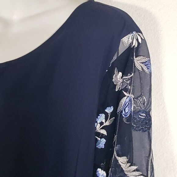 Cato Top XL Navy Blue Sheer Sleeves Floral Embroidered Fairy Office Romantic - Picture 5 of 9